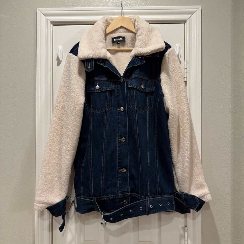 Seroya Mink Teddy Denim Jacket Women’s S/M Belted Winter Lined Oversized Jean - Picture 2 of 11